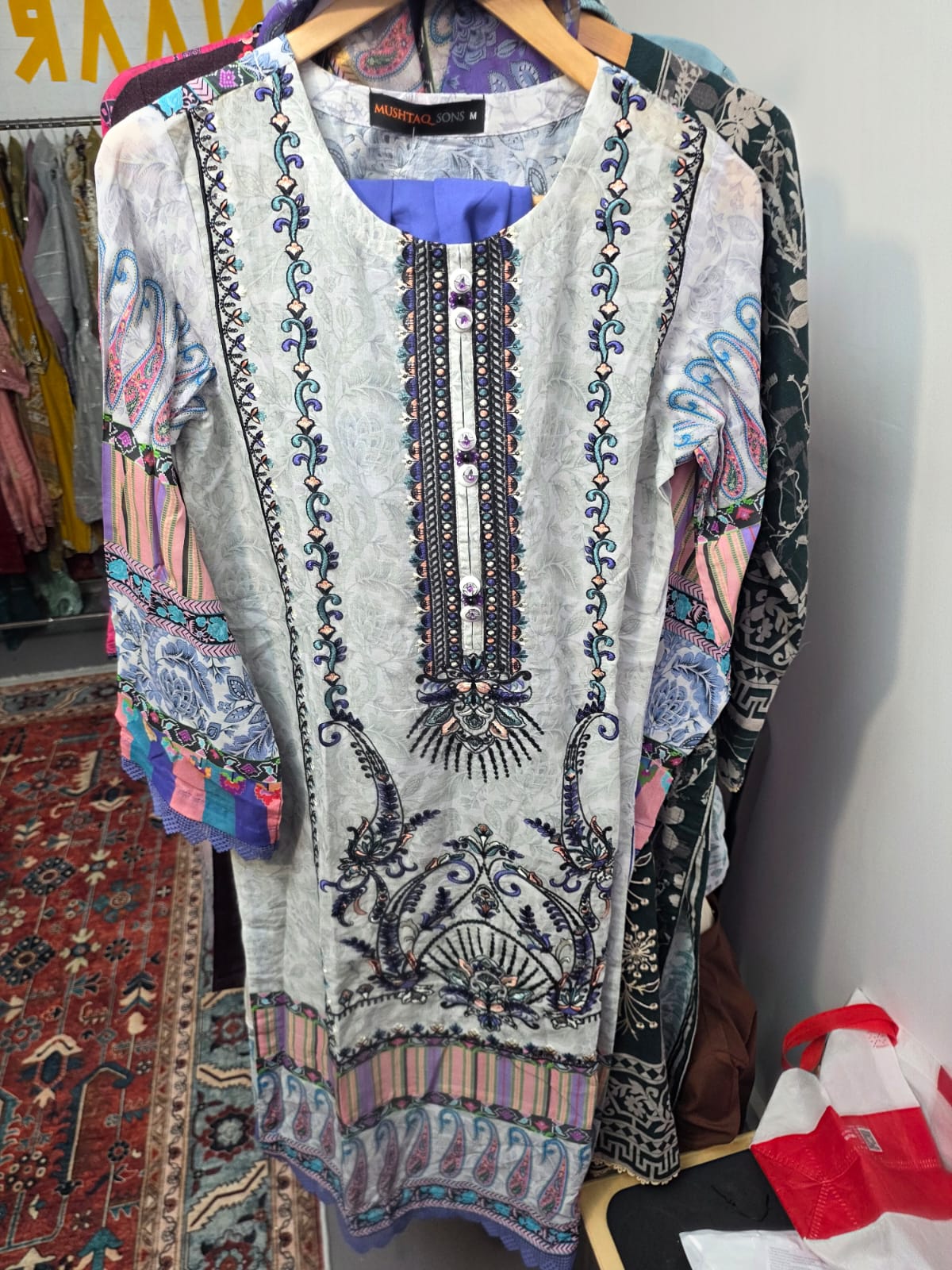 White and sky blue embroidered Pakistani 3 piece lawn suit with Doriya Lawn printed dupatta