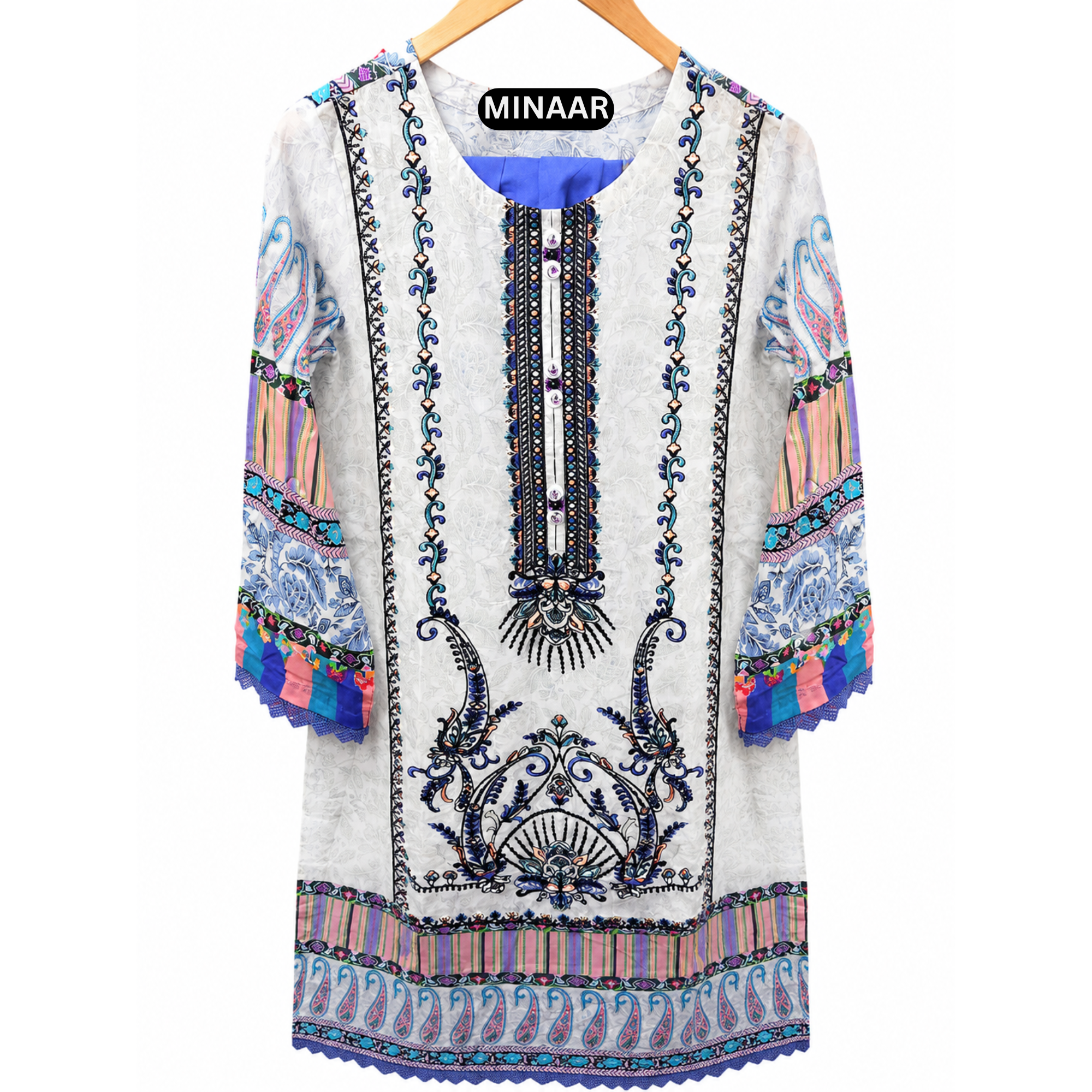 White and sky blue embroidered Pakistani 3 piece lawn suit with Doriya Lawn printed dupatta