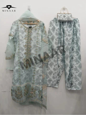 Sky Blue Embroidered Organza 3-Piece Suit with Printed Silk Trouser