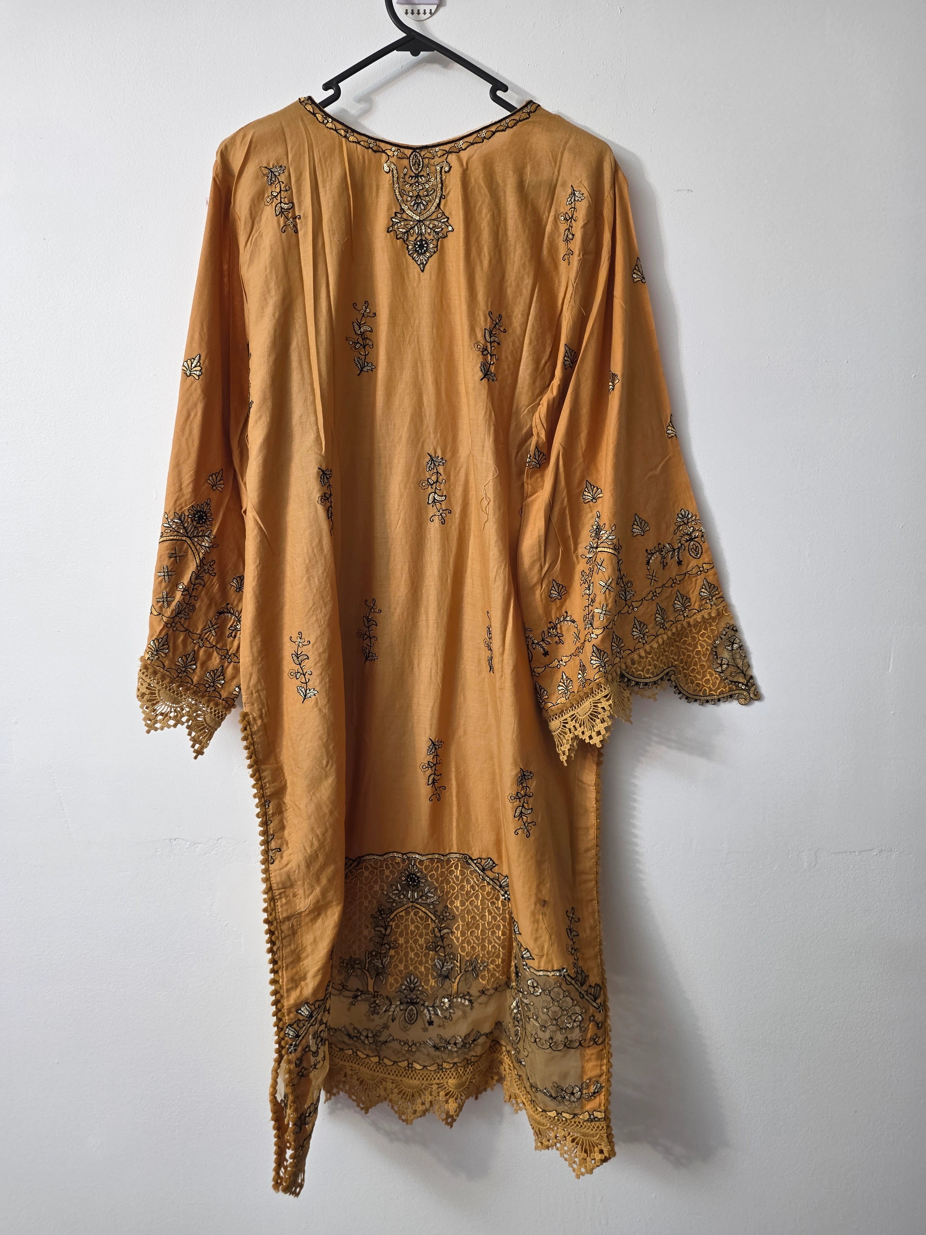 Yellow 3 piece Pakistani outfit with cotton shirt and net dupatta