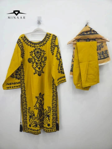 Yellow Black Embroidered Cotton Lawn 3-Piece Suit with Printed Dupatta