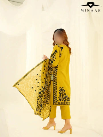 Yellow Black Embroidered Cotton Lawn 3-Piece Suit with Printed Dupatta