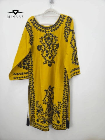 Yellow Black Embroidered Cotton Lawn 3-Piece Suit with Printed Dupatta