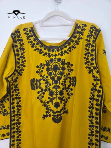 Yellow Black Embroidered Cotton Lawn 3-Piece Suit with Printed Dupatta