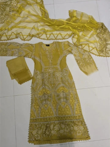 Lime Yellow Chikankari 3 Piece Stitched Outfit with Embroidered Dupatta