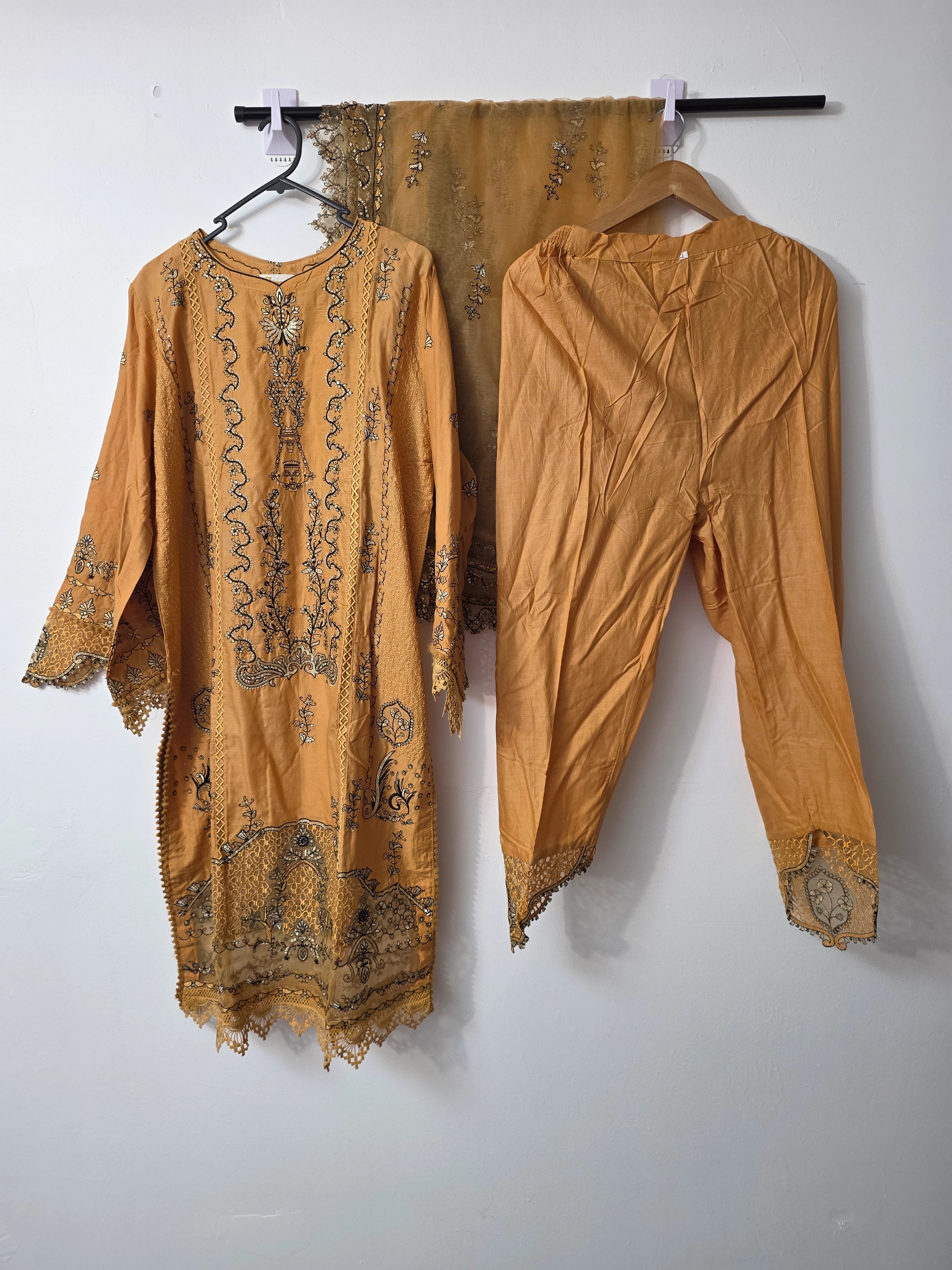 Yellow Pakistani cotton 3 piece suit with long kurta and net dupatta