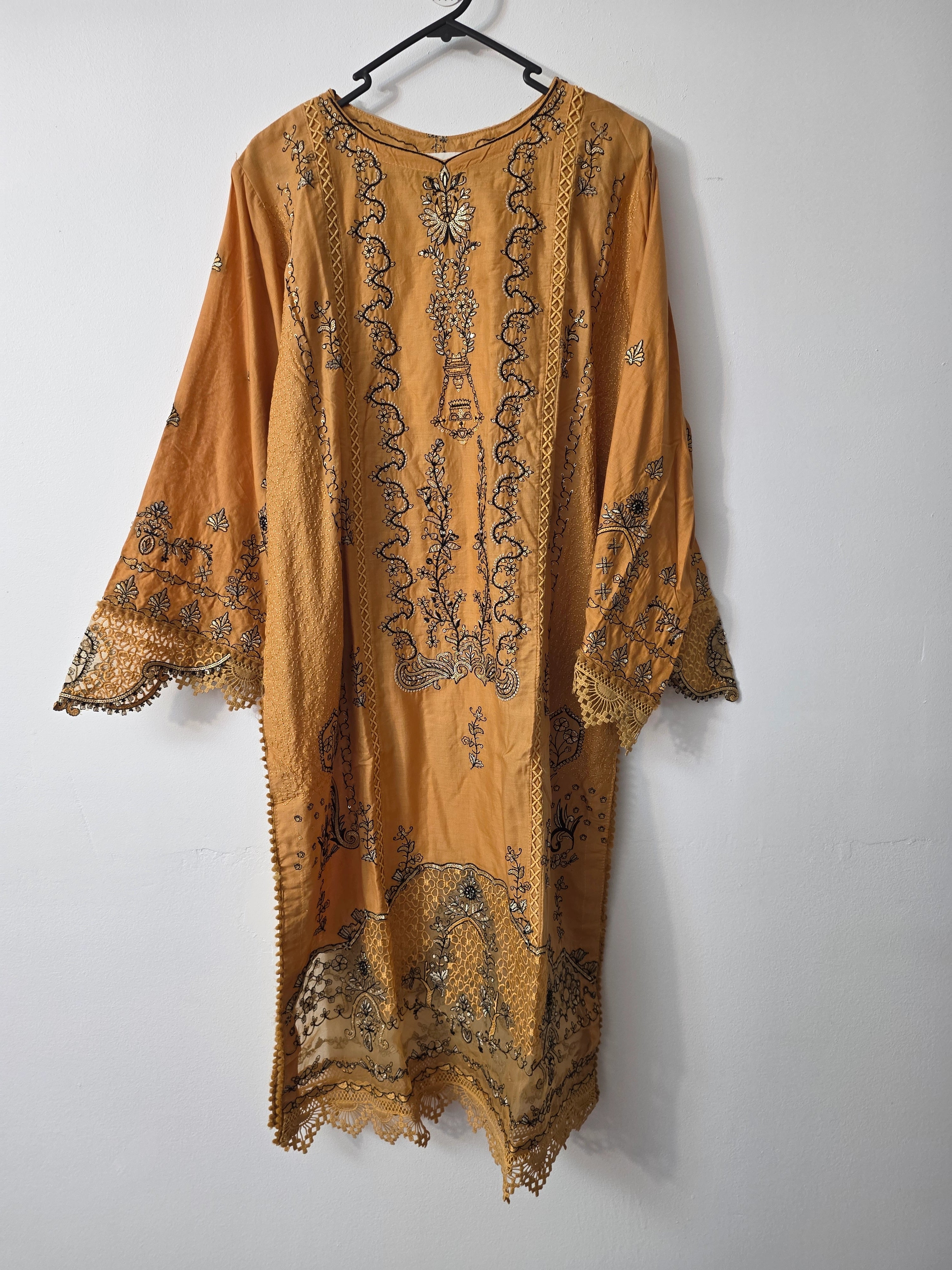 Yellow Pakistani kurta set with straight cotton trouser and net dupatta