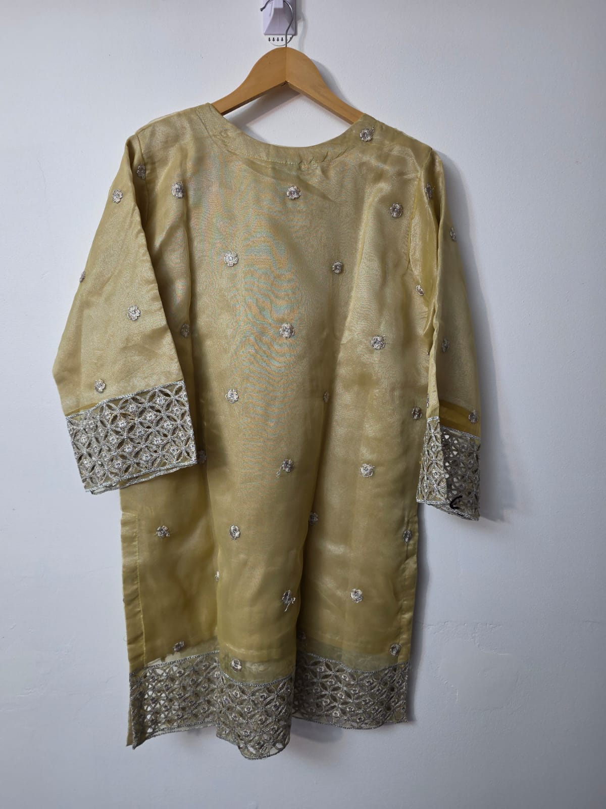 Yellow gold Pakistani sharara suit with Adda work embroidery
