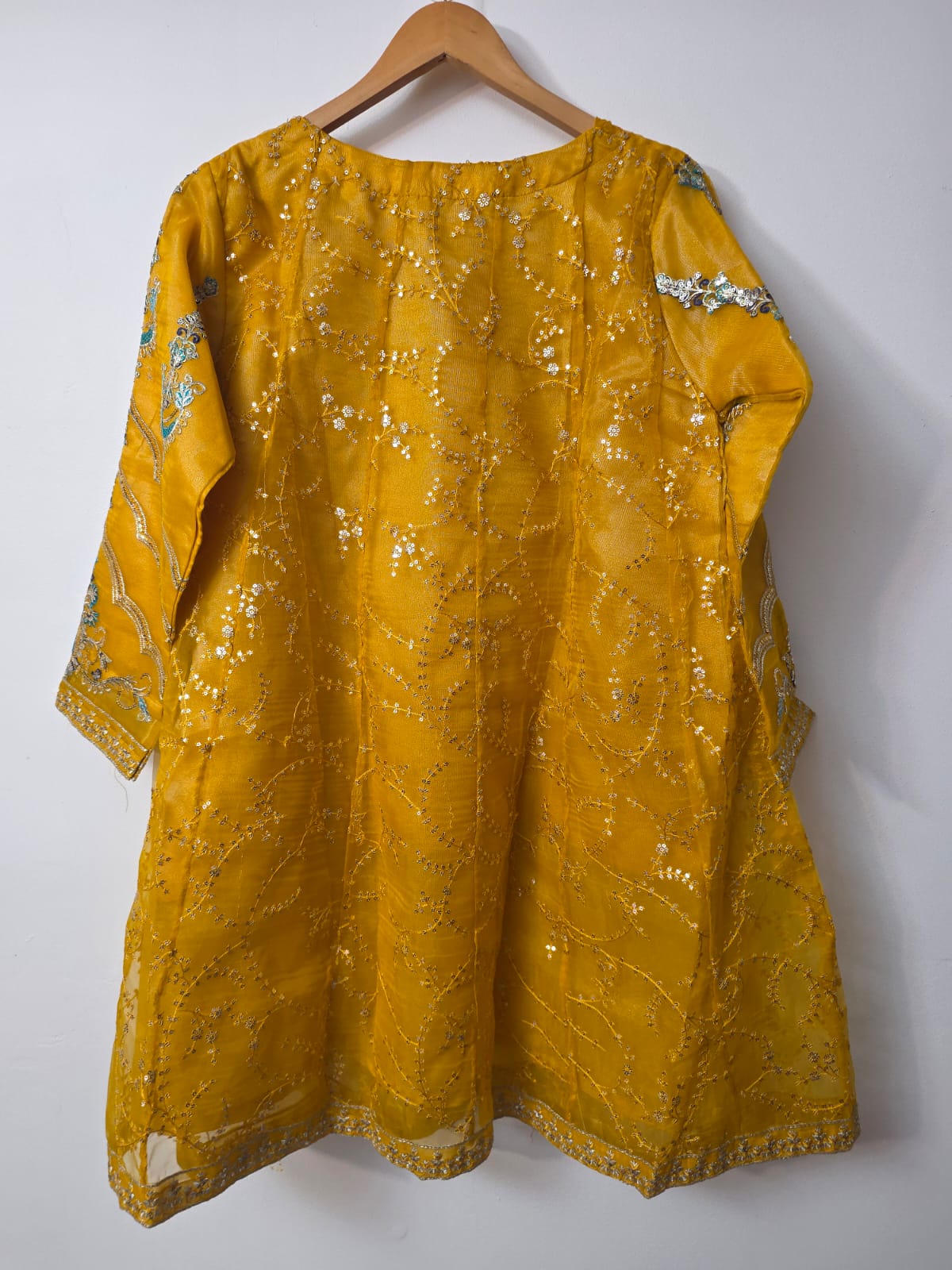Yellow short frock with embroidered organza Sharara