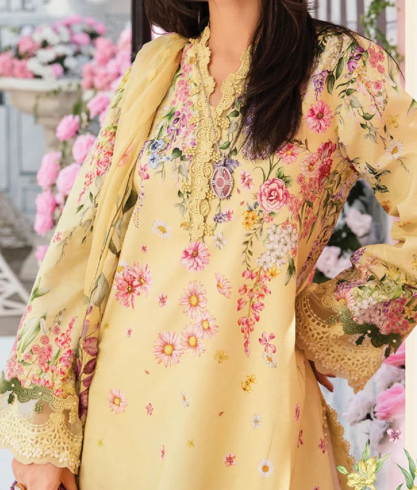 Floral Embroidered Lawn Suit with Chiffon Dupatta – Yellow