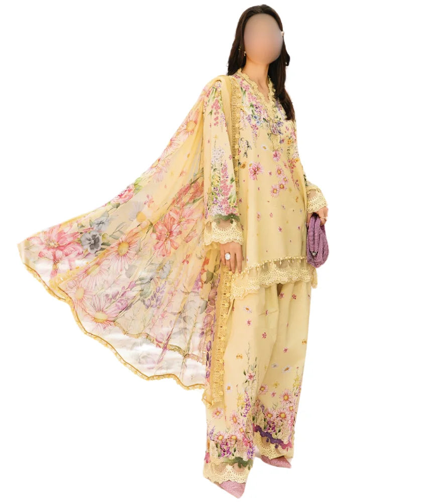 Floral Embroidered Lawn Suit with Chiffon Dupatta – Yellow