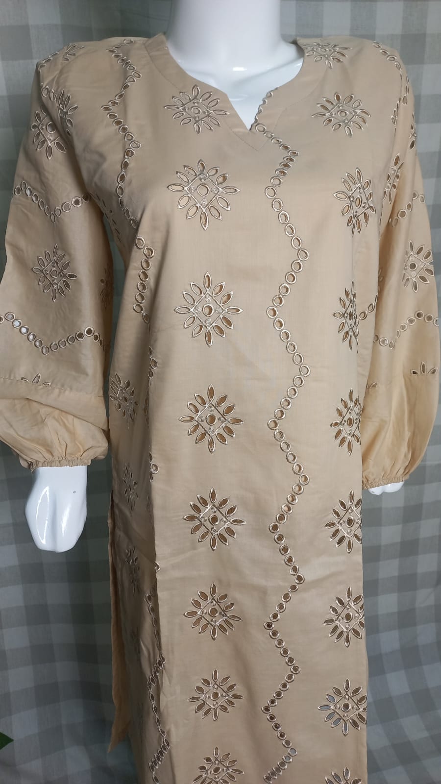 beige Chikankari lawn 3 piece Pakistani suit with plain trouser and diamond printed dupatta
