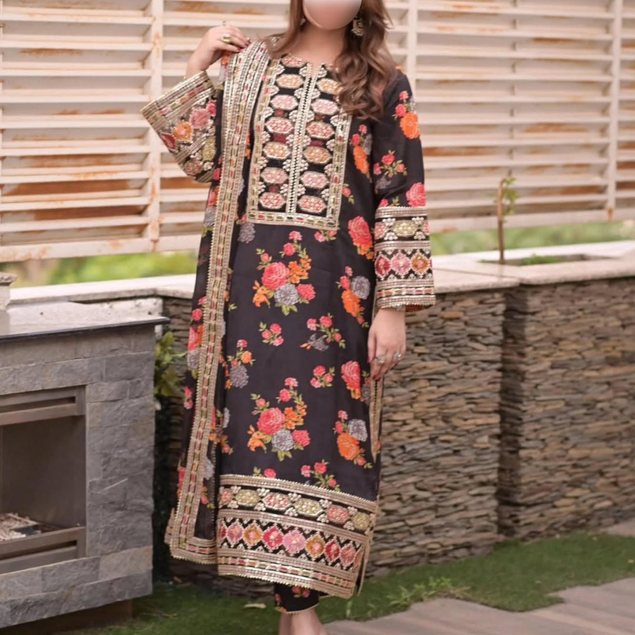 Black Printed Silk Embroidery 3-Piece Suit