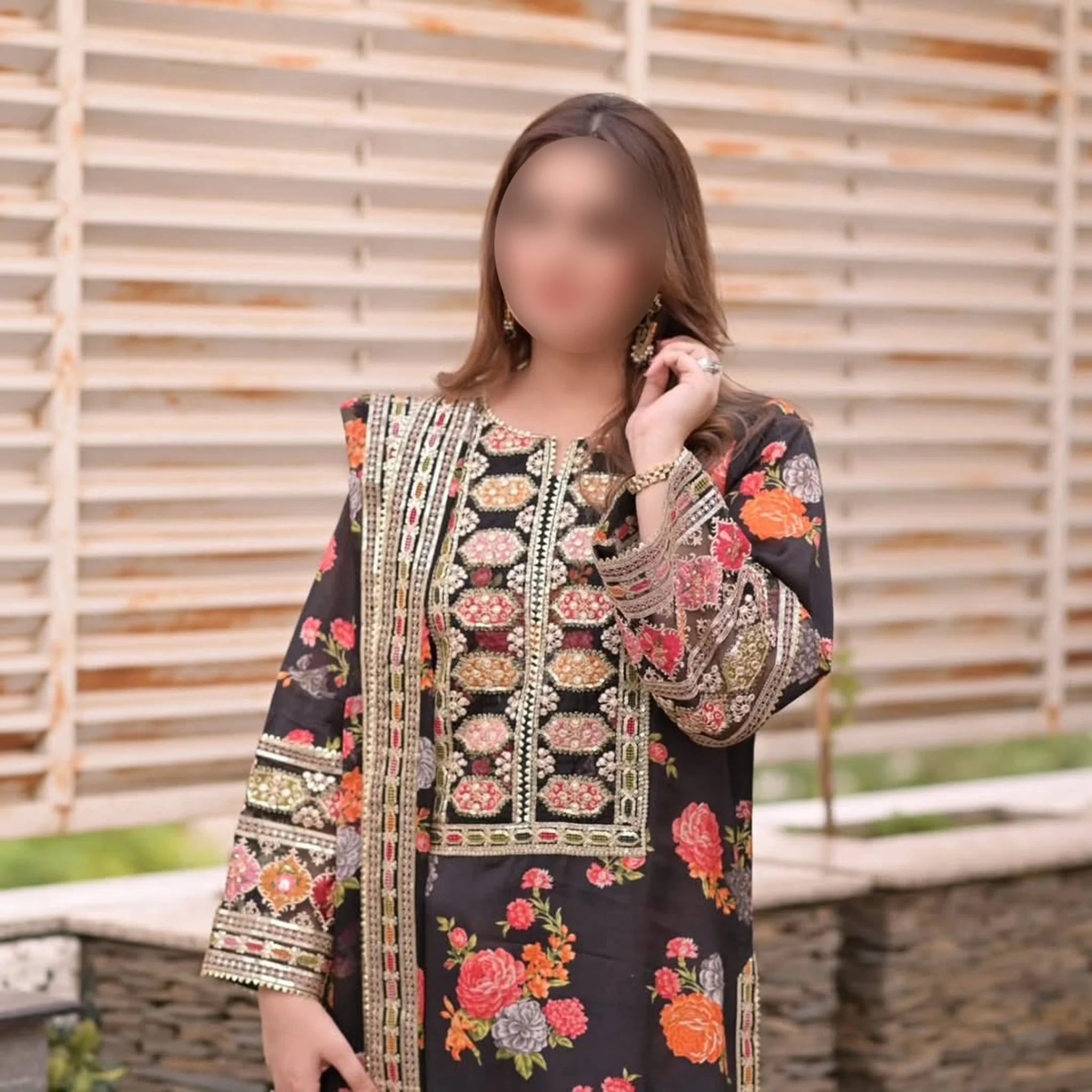 Black Printed Silk Embroidery 3-Piece Suit