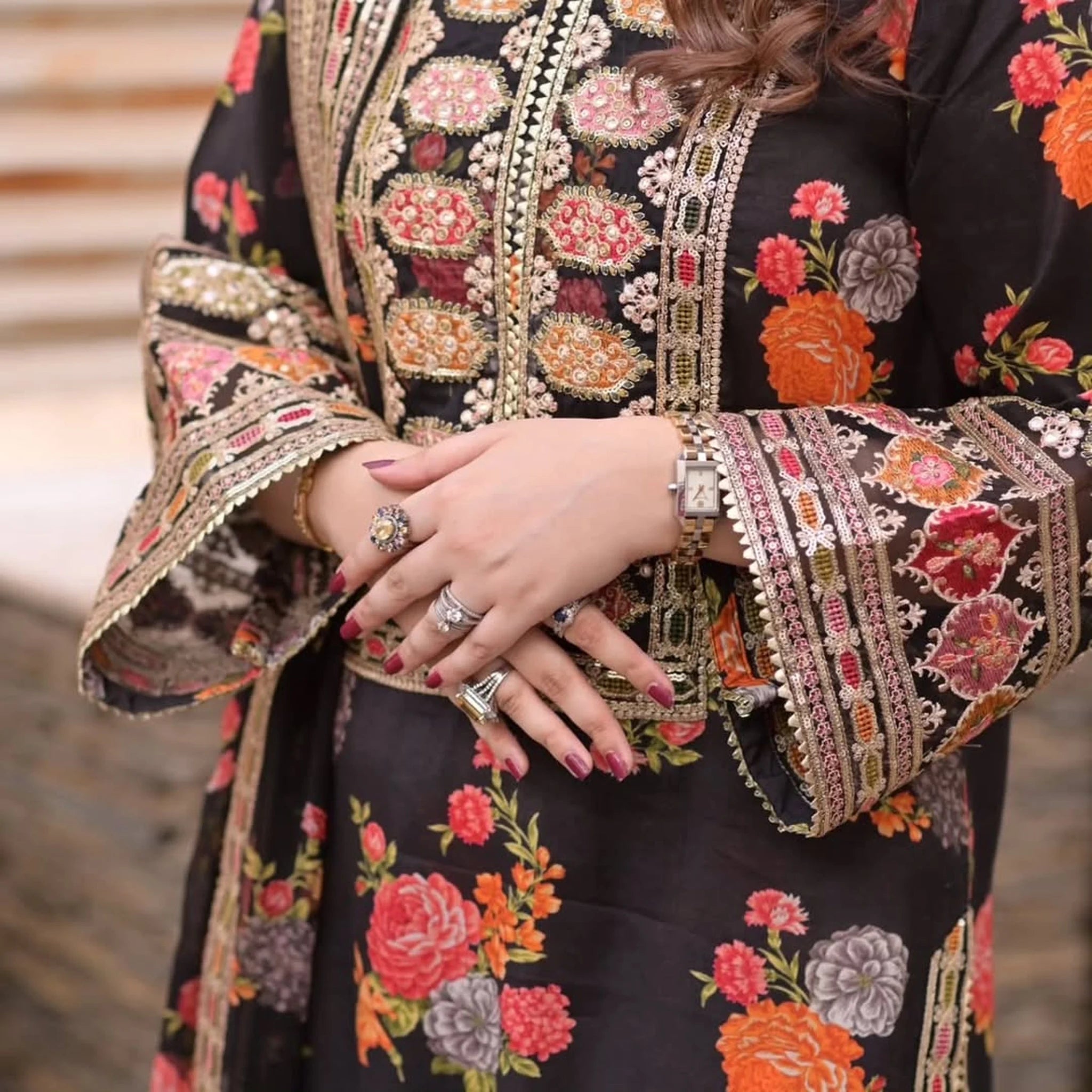 Black Printed Silk Embroidery 3-Piece Suit