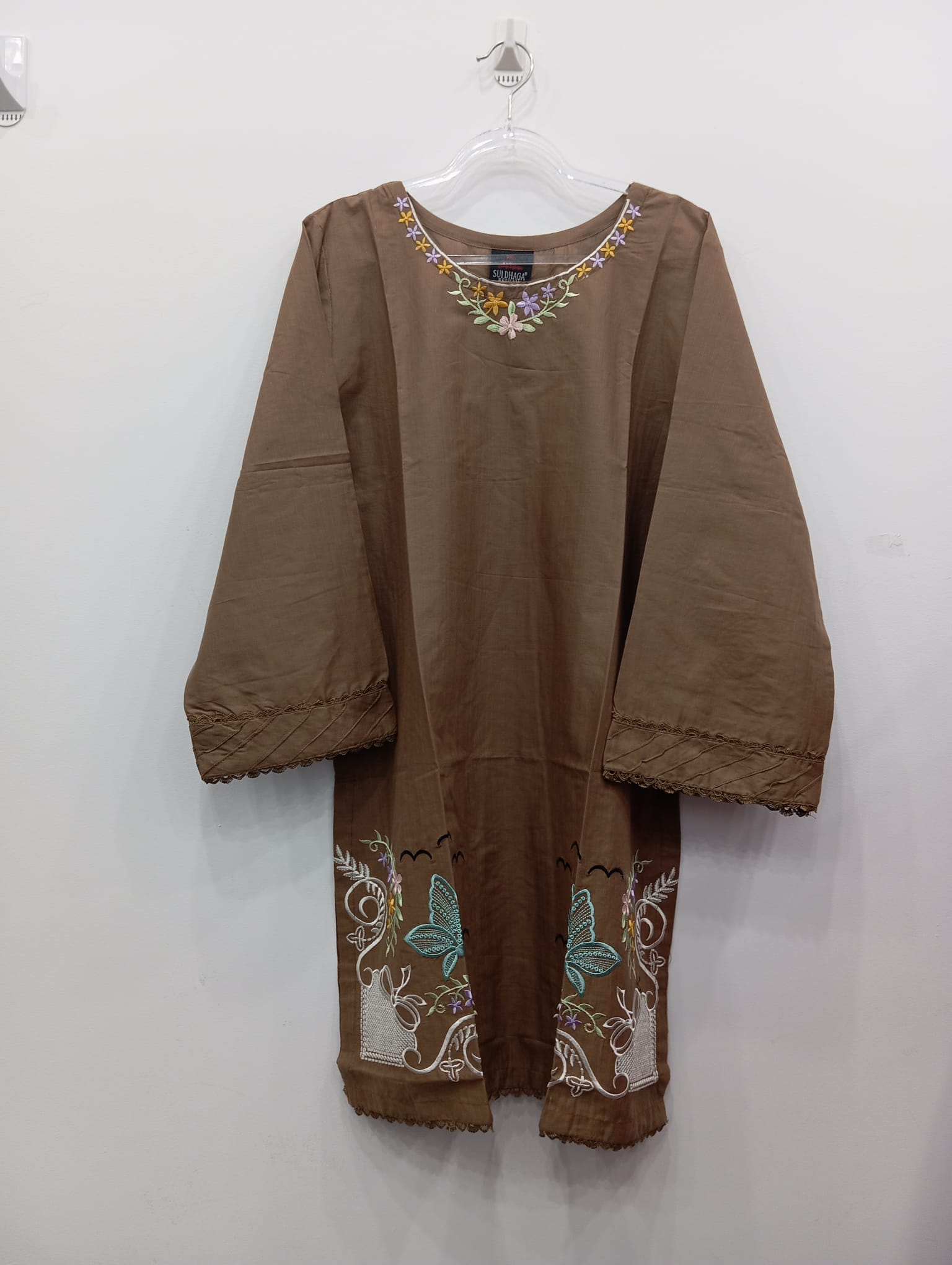 brown embroidered lawn kurta with multicolor floral neckline and front embroidery
