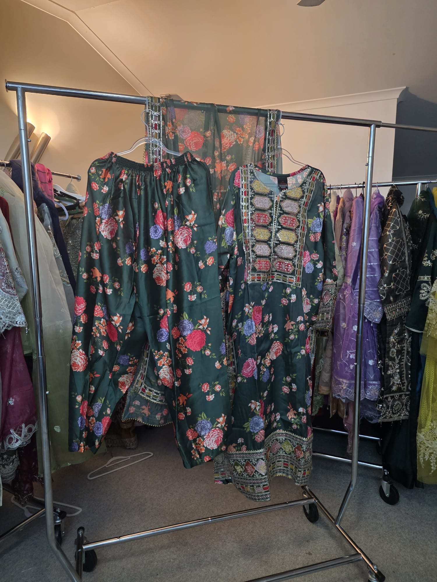 green printed floral silk dress
