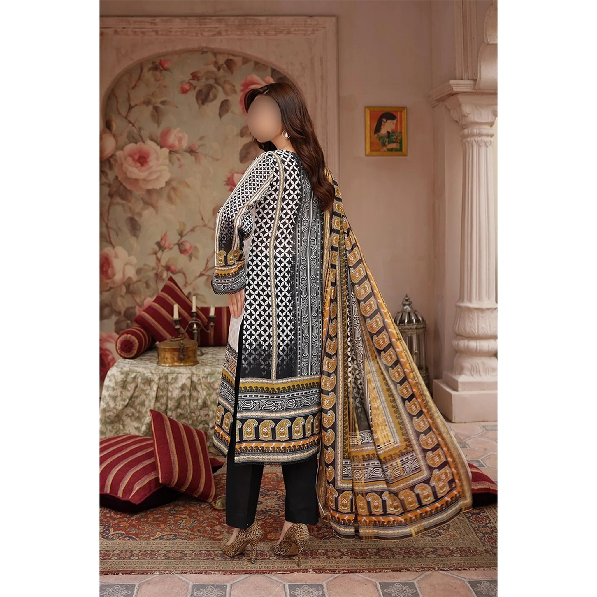 Embroidered Lawn 3-Piece Suit – White & Black