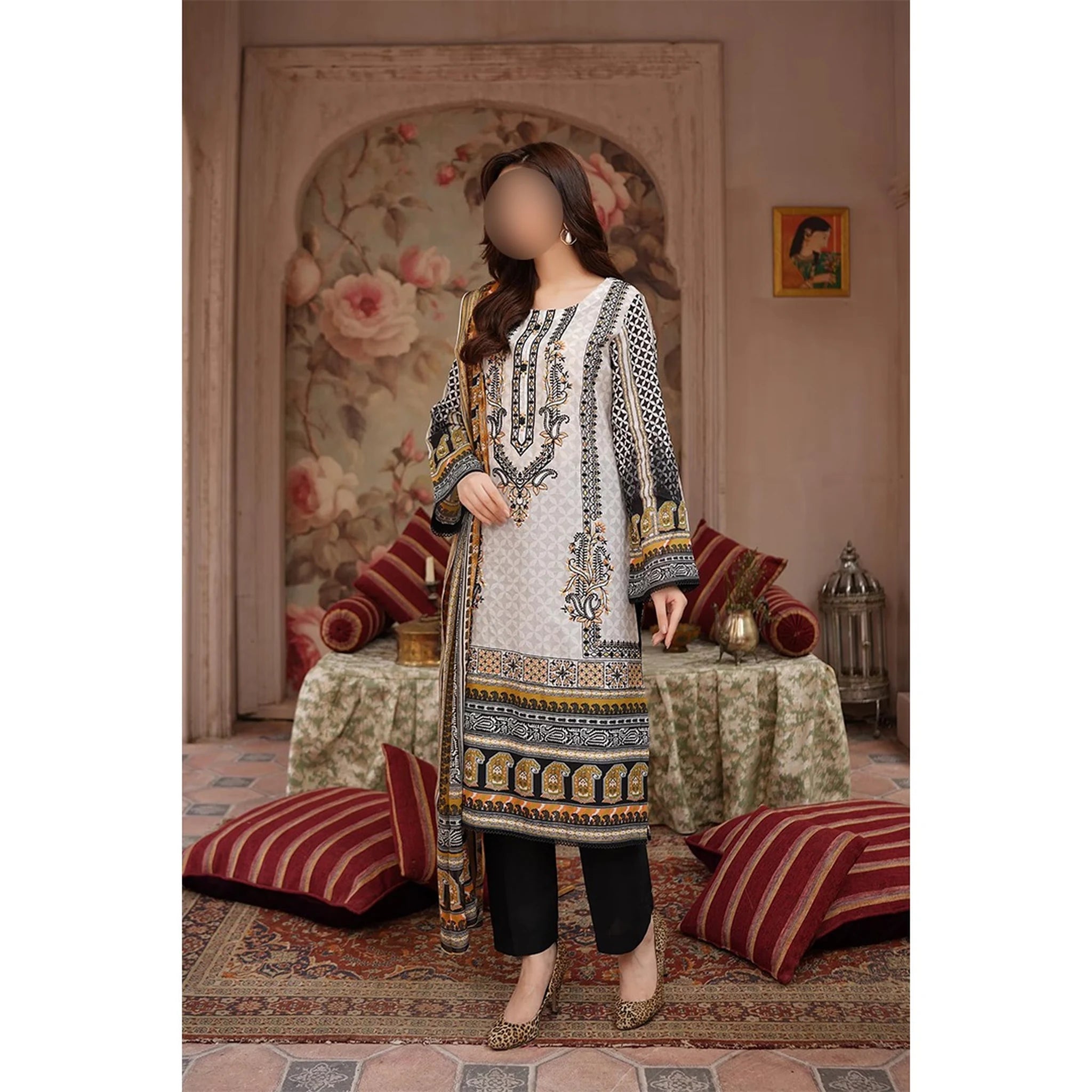Embroidered Lawn 3-Piece Suit – White & Black