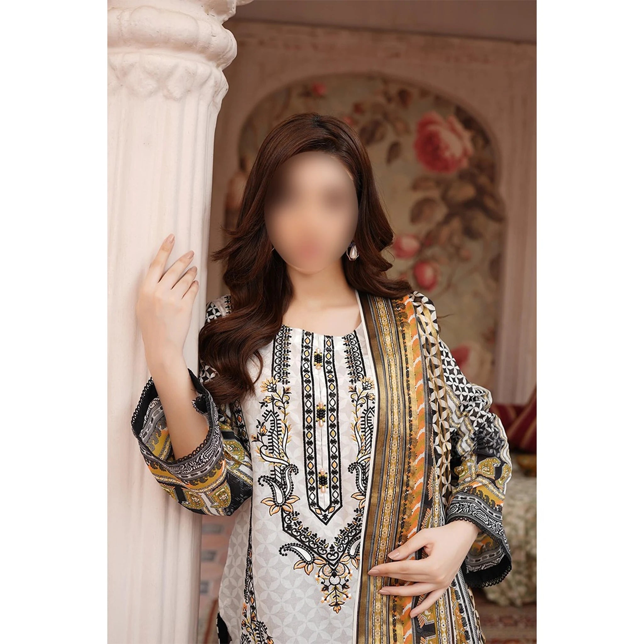 Embroidered Lawn 3-Piece Suit – White & Black