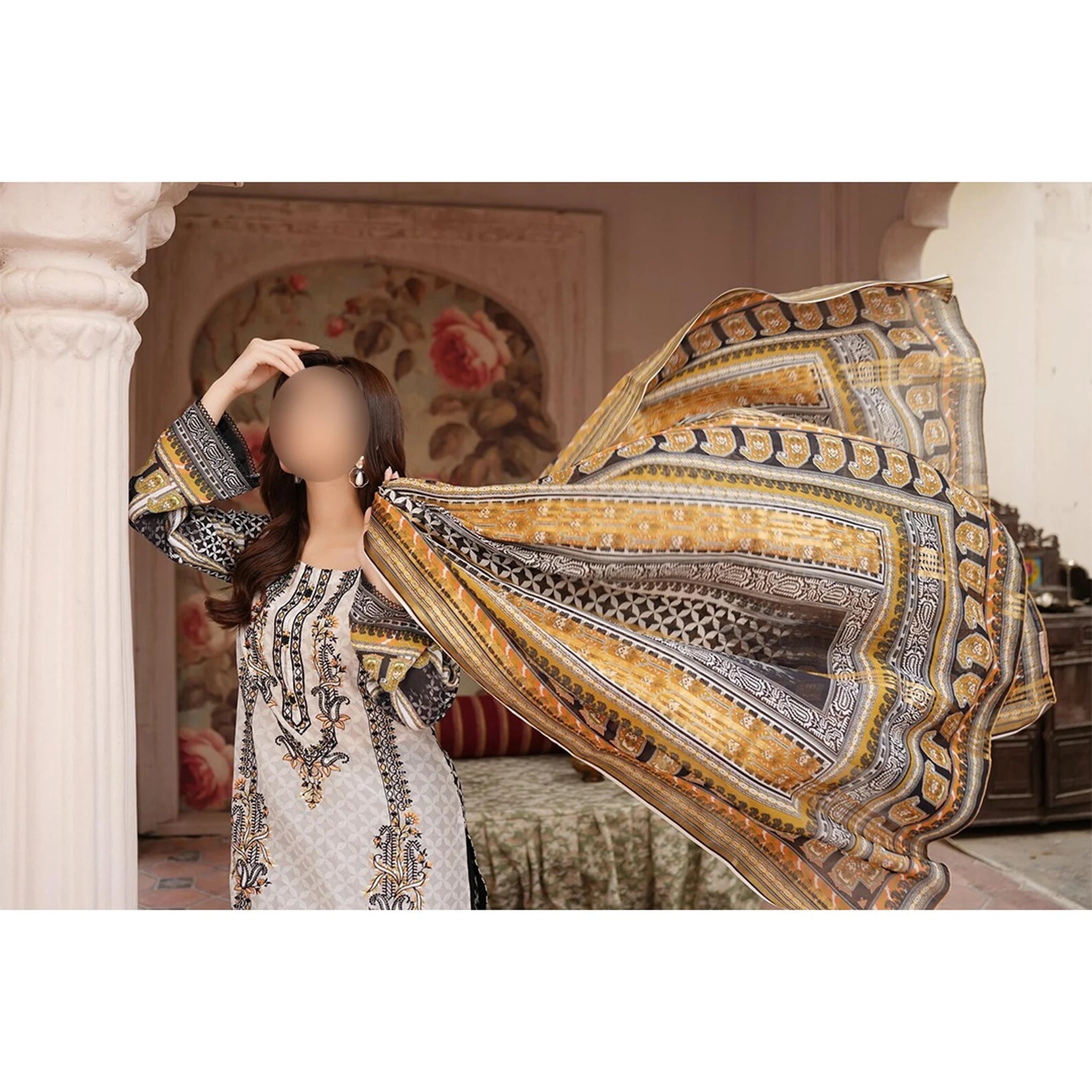 Embroidered Lawn 3-Piece Suit – White & Black