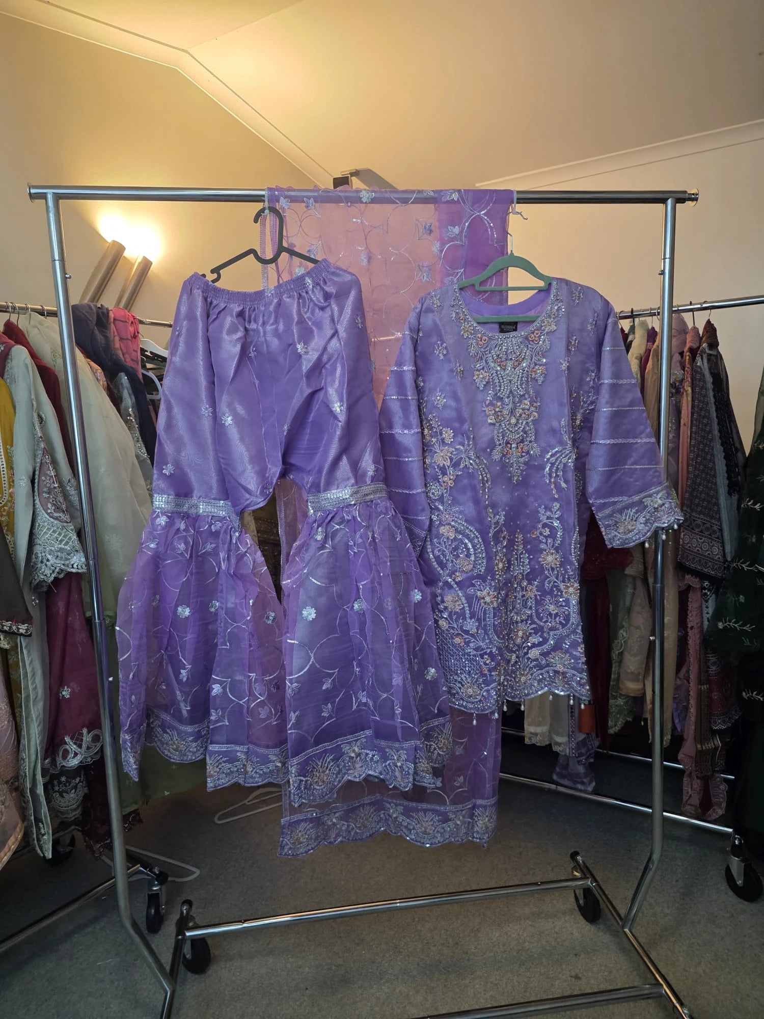 Purple Masoori Embroidered 3-Piece Set – Shirt, Gharara & Dupatta