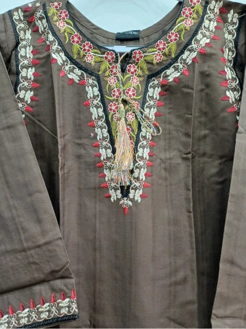 Brown Multi Embroidery Winter Cotton 3-Piece Suit with Diamond Dupatta