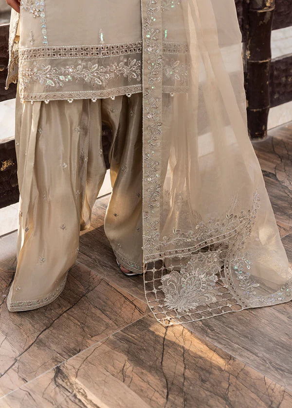 Beige Embroidered Kurta Set | 3-Piece Outfit with Farshi Shalwar & Organza Dupatta