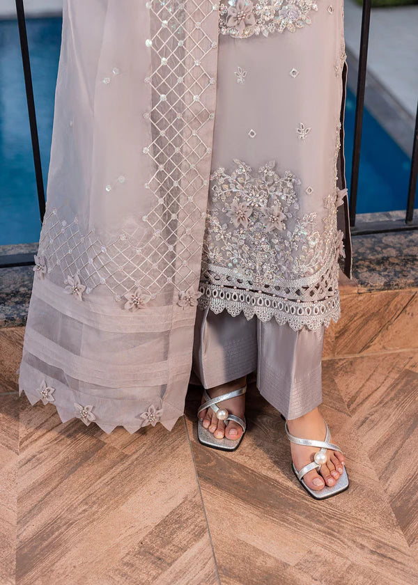 Silver Embroidered Kurta Set | 3-Piece Outfit with Long Organza Kurta, Viscose Trouser & Organza Dupatta