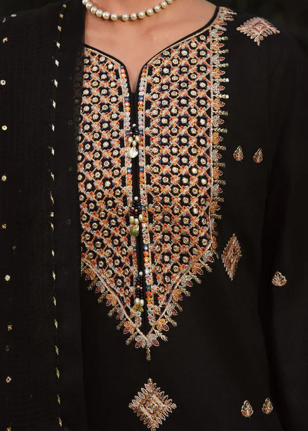 Black Embroidered Kurta Set | 3-Piece Summer Lawn Outfit with Farshi Shalwar & Organza Dupatta
