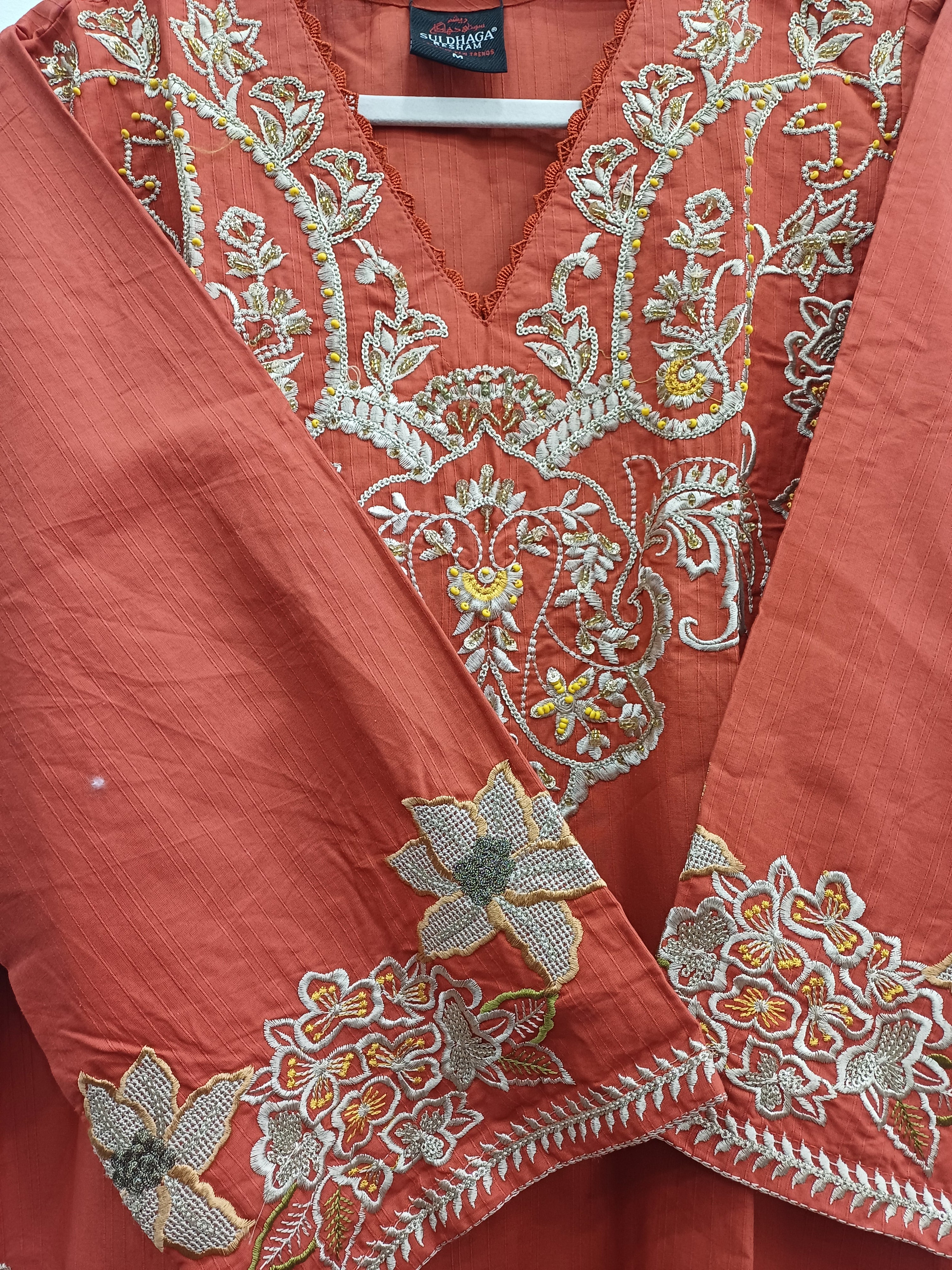 Orange Fancy Khaddar Suit with Shawl | Embroidered Pakistani Ready-to-Wear 3-Piece Suit