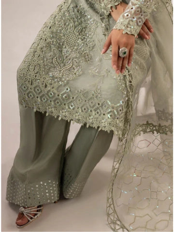 Moss Green Organza Kurta Set with Dupatta – 3 Piece Embroidered Party Wear Outfit for Women