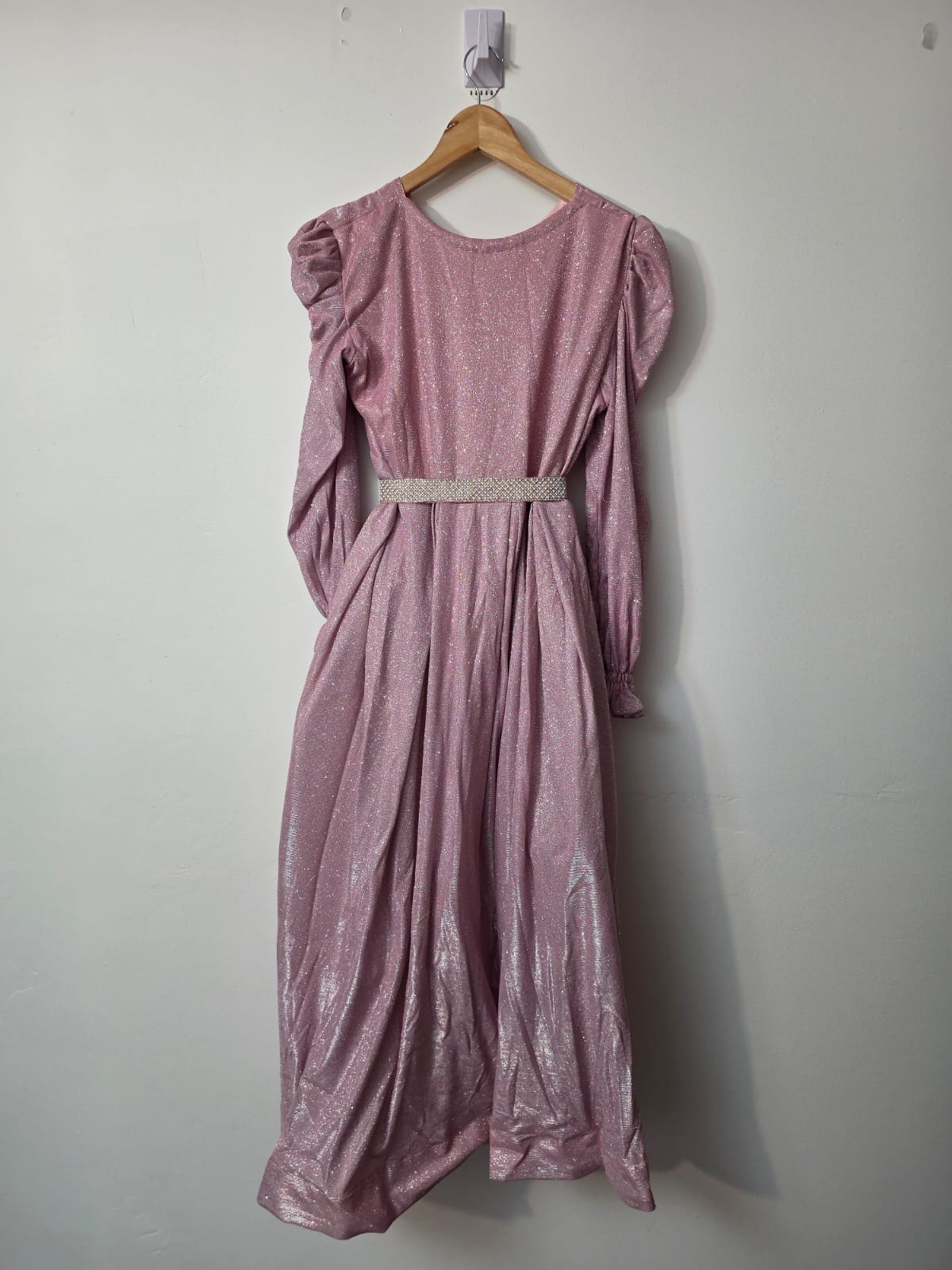 pink Moonlight shimmer full length maxi dress with long puff sleeves and sparkling embellished waist belt