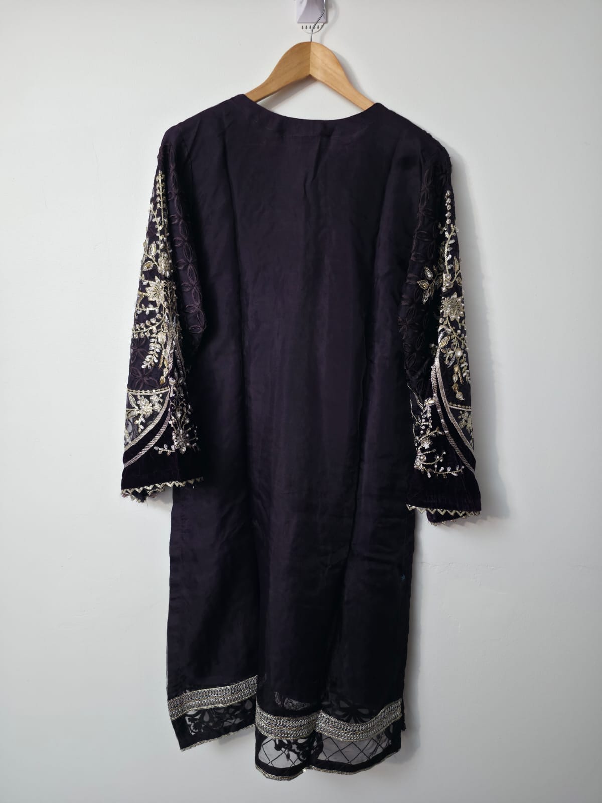 purple Pakistani organza 3 piece suit with stone work, floral embroidery, cutwork border and raw silk trouser