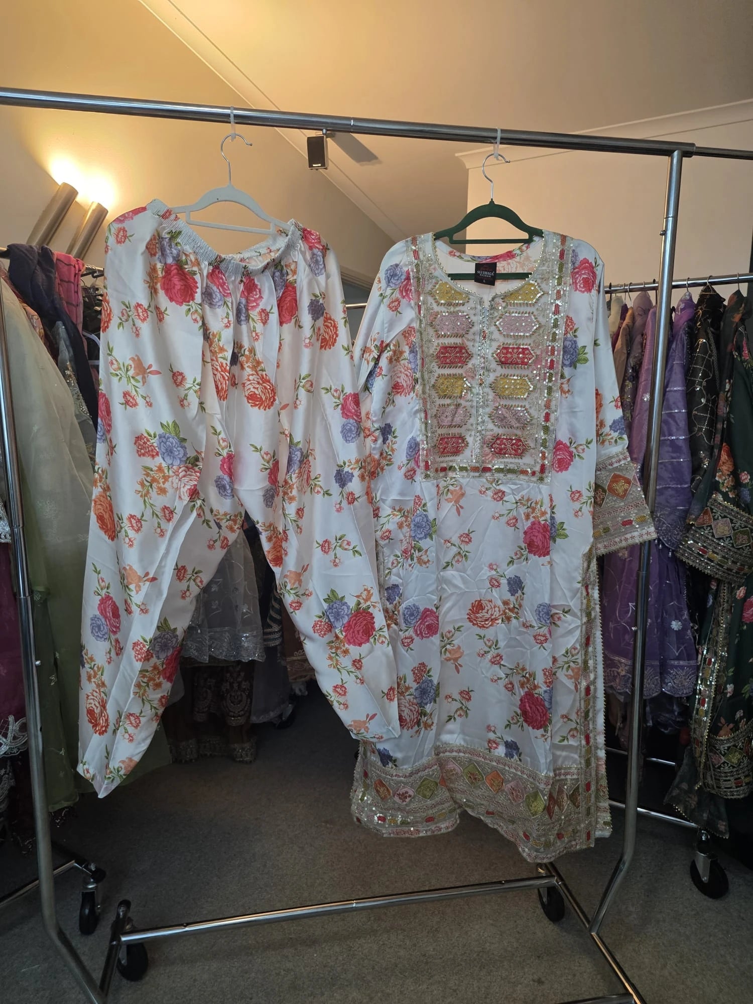White Printed Silk 3-Piece Suit with Neckline Embroidery & Tila Work