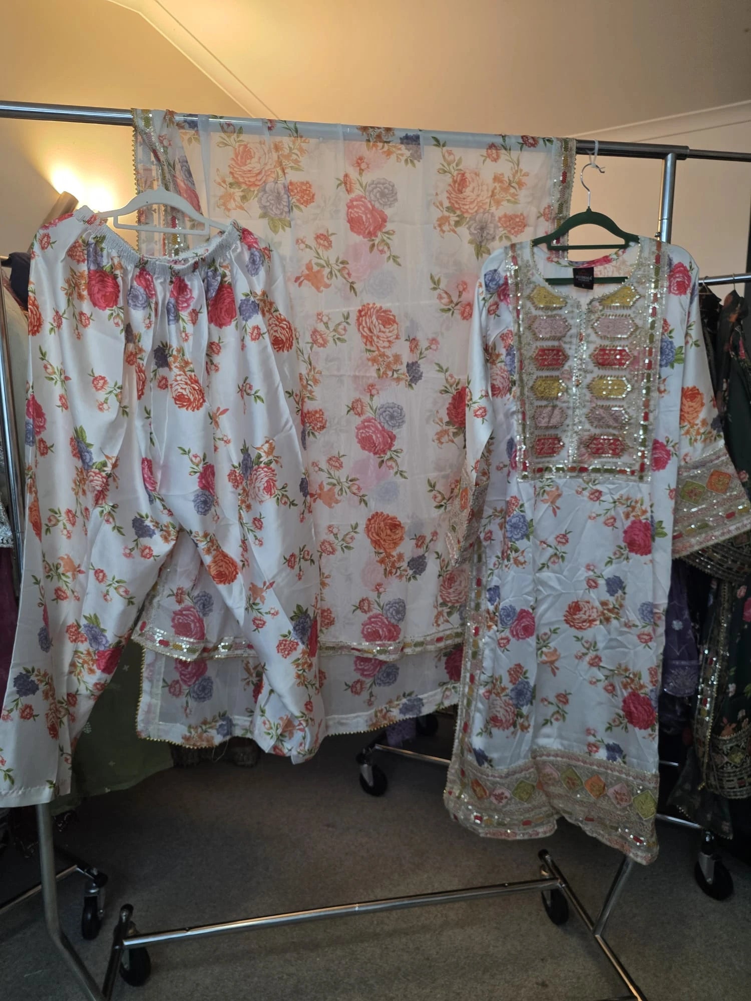 White Printed Silk 3-Piece Suit with Neckline Embroidery & Tila Work