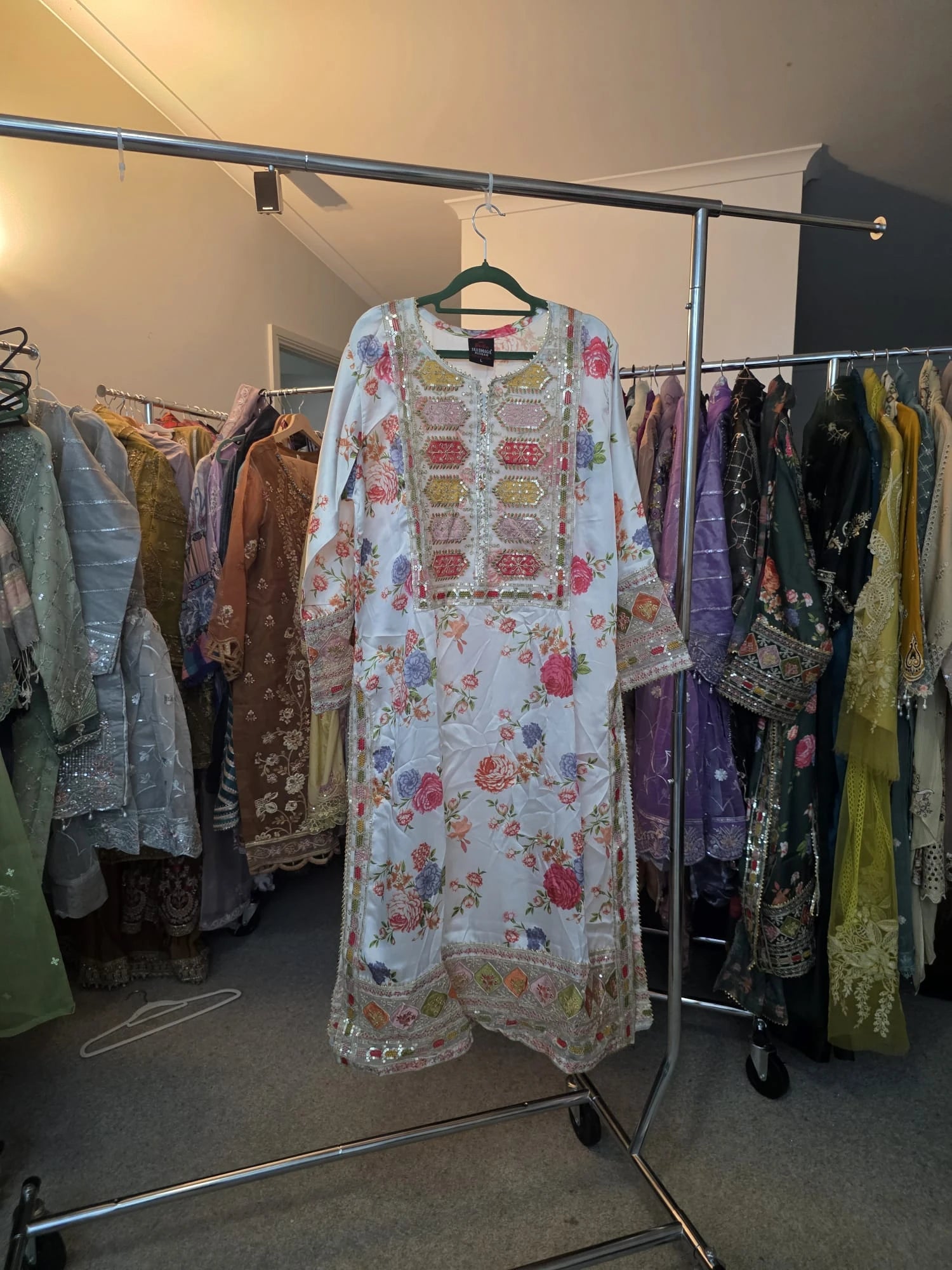 White Printed Silk 3-Piece Suit with Neckline Embroidery & Tila Work