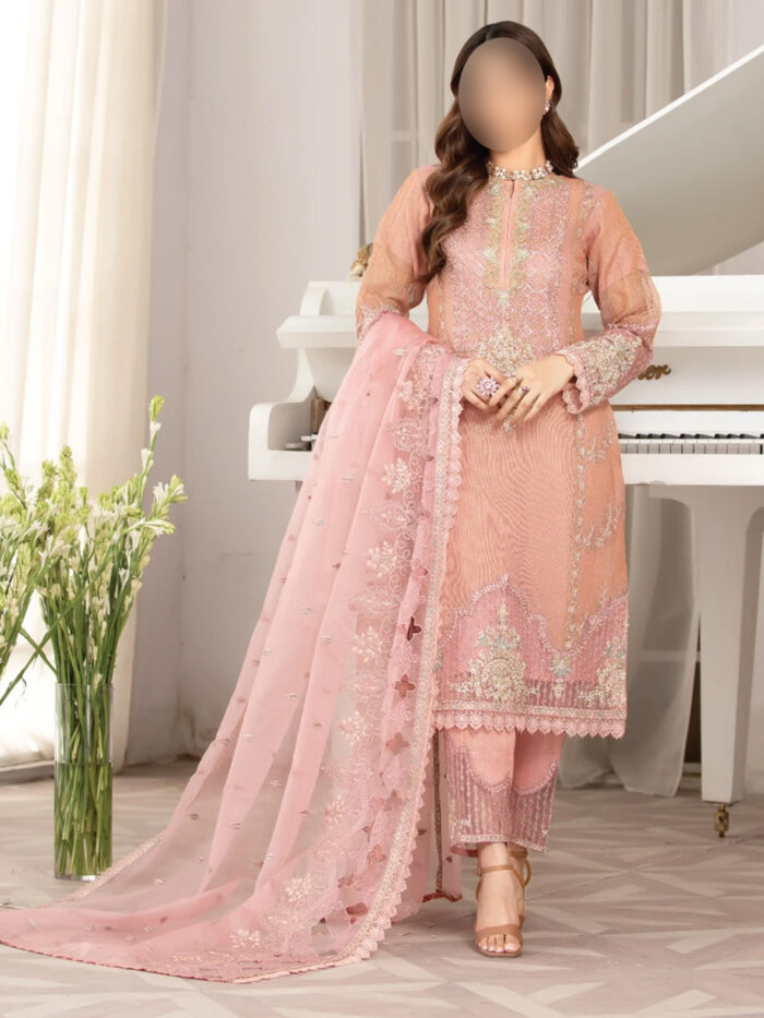 Pink Khadi Crundi Three-Piece Suit - Front View - Pakistani Dresses Online